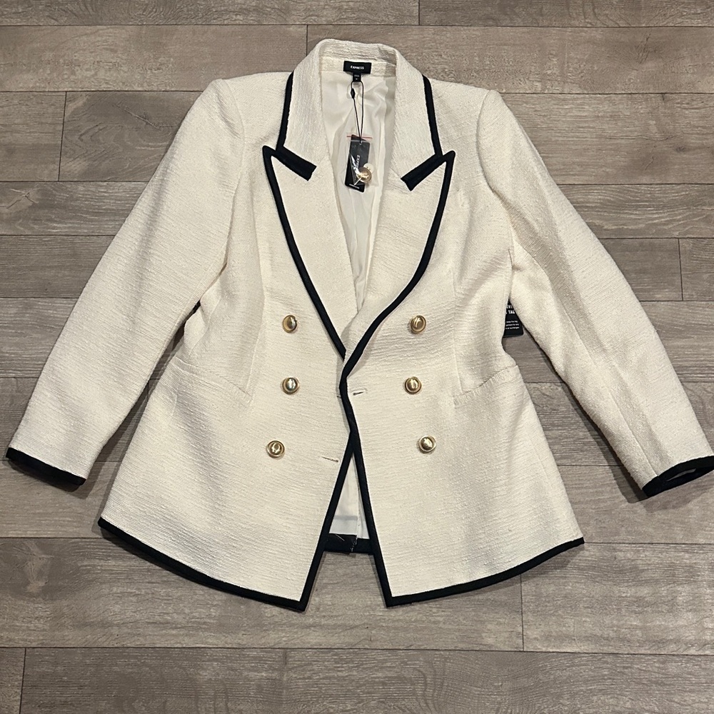 Express White Blazer with Black Trim and Gold Buttons